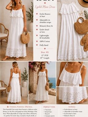 Zara White Eyelet Flounce Maxi Dress